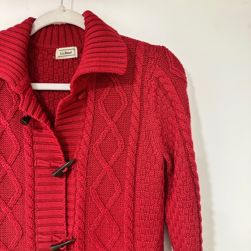 LL Bean Womens Red Cable Knit Toggle Cardigan Sweater Wool Blend Small‎ Longline